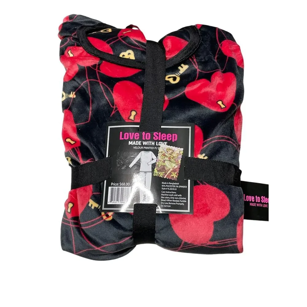 Love To Sleep Velour Black with Printed Hearts Sleepwear size Medium
